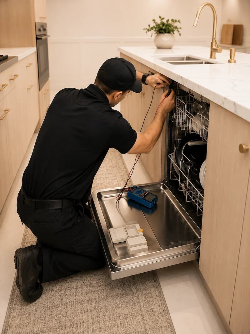 Solvanta technician diagnosing a panel-ready built-in dishwasher