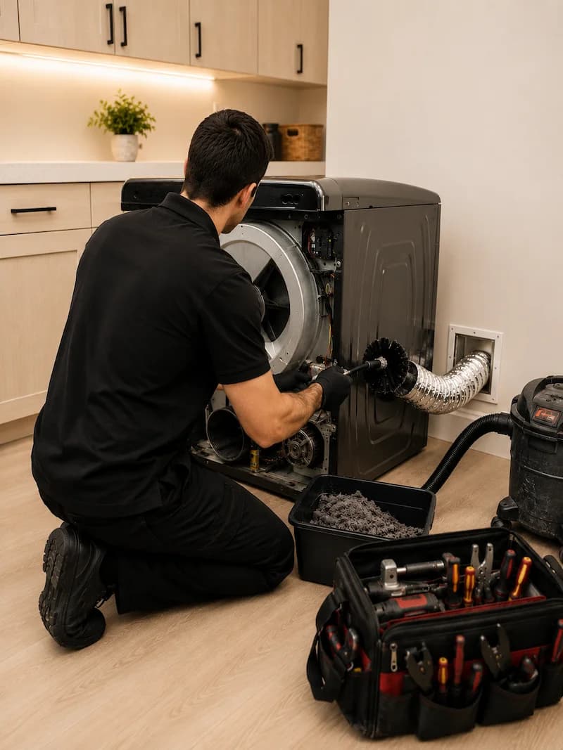 Solvanta technician cleaning a dryer vent and servicing the blower housing