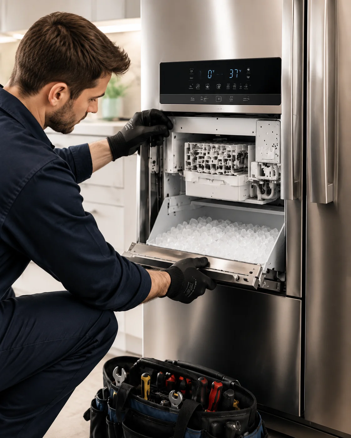 Solvanta technician servicing a built-in ice maker and ice bin