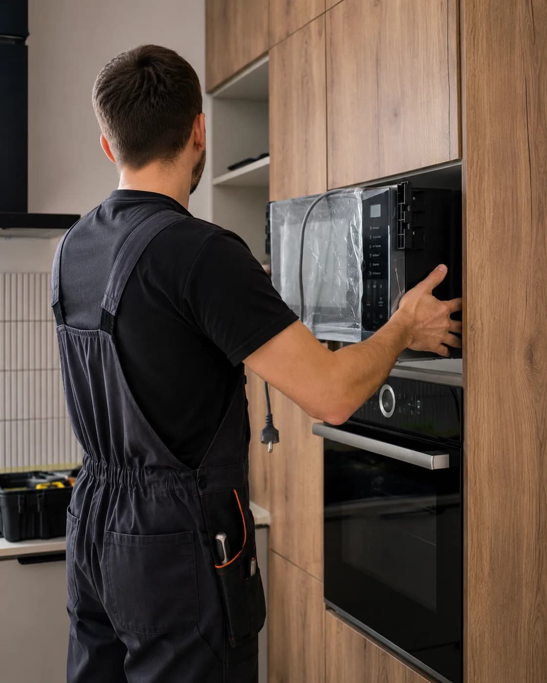 Solvanta technician servicing a built-in microwave in a cabinetry run