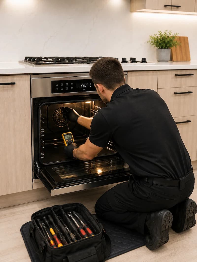 Solvanta technician checking convection and temperature accuracy in a built-in wall oven