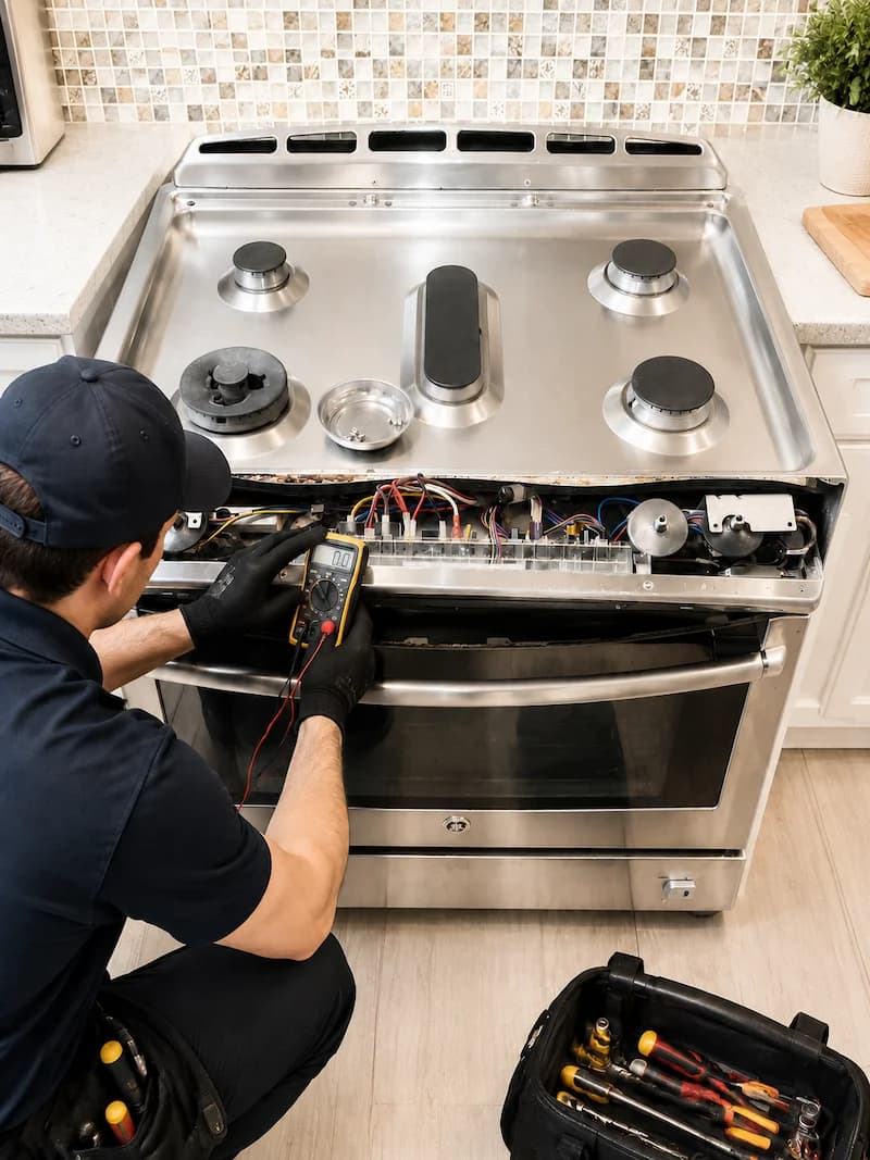 Solvanta technician testing the control board on a professional-style range