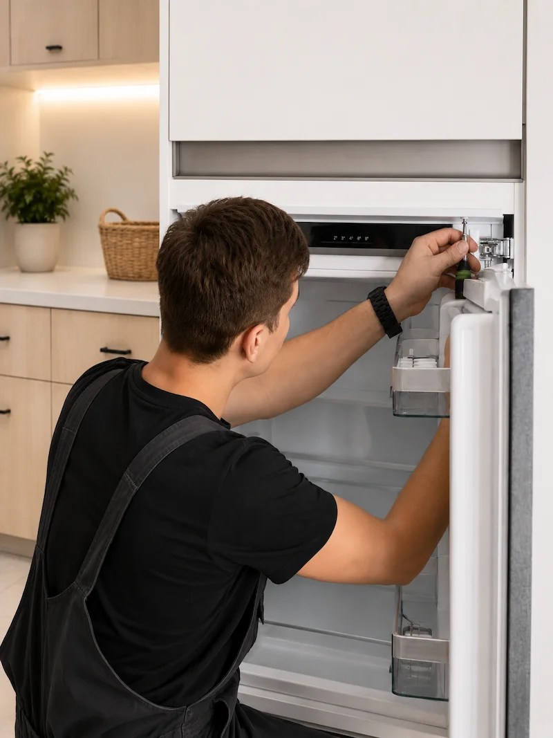 Solvanta technician servicing a built-in refrigerator in a Coachella Valley kitchen