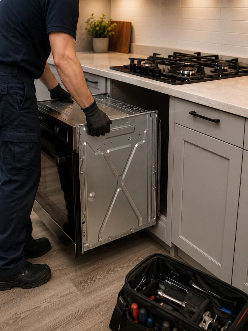Solvanta technician servicing a built-in stove beneath a gas cooktop