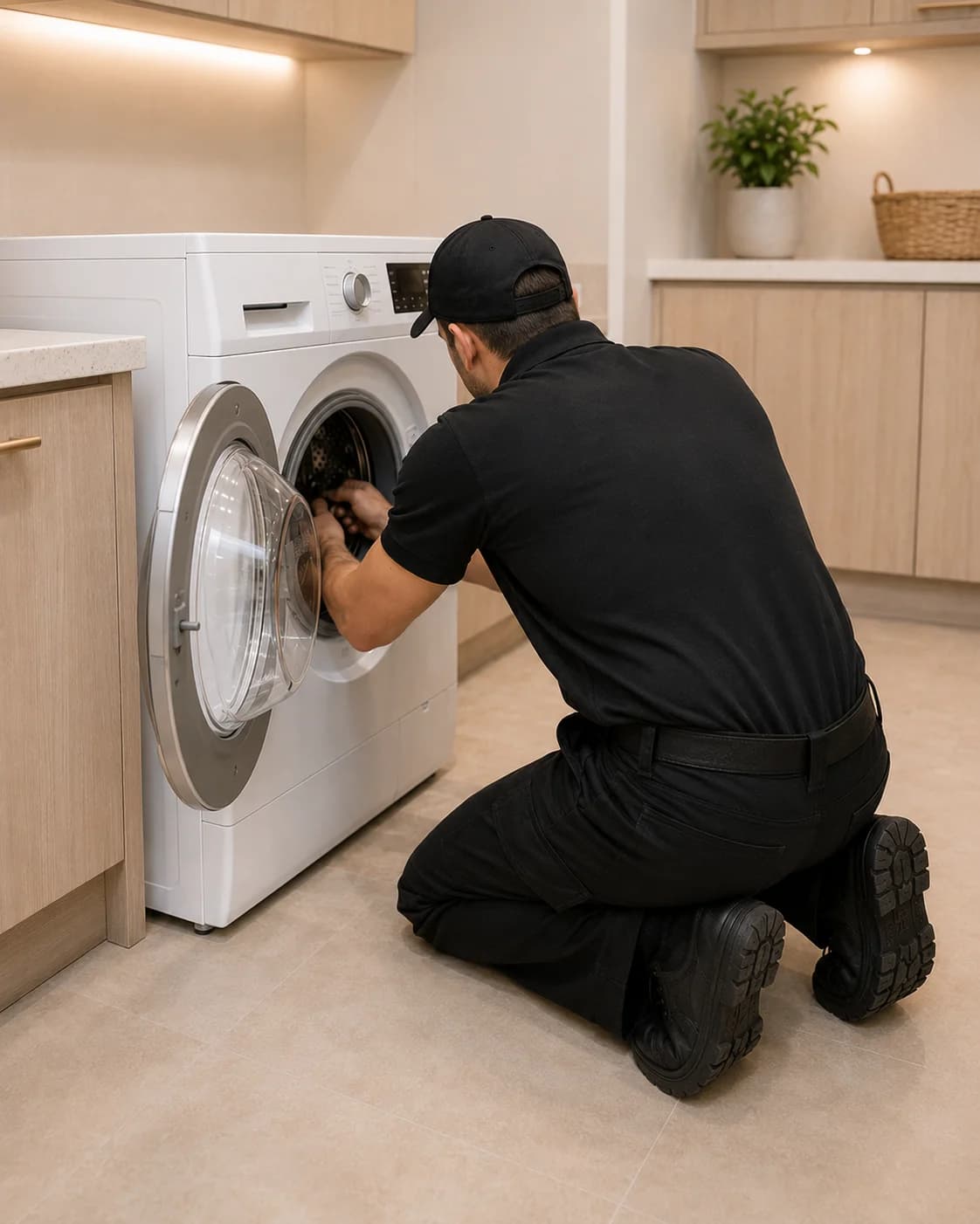 Solvanta technician servicing a front-load washer in a laundry room