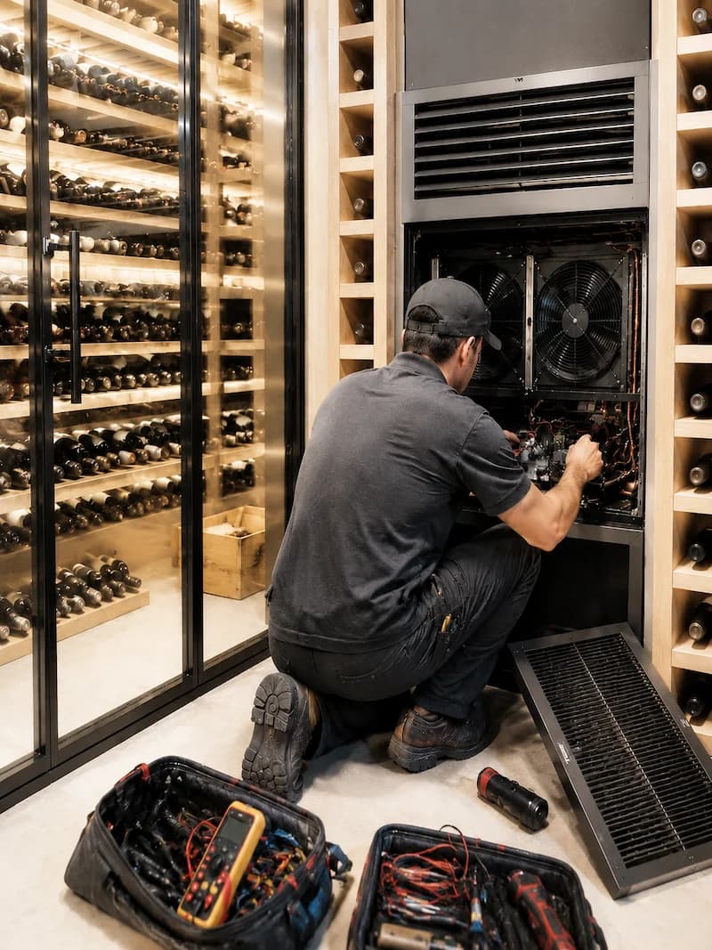 Solvanta technician servicing the climate-control unit in a custom wine room